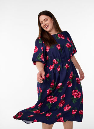 ZizziMidi-jurk met rozenprint en korte ballonmouwen, Pink Rose AOP, Model image number 2