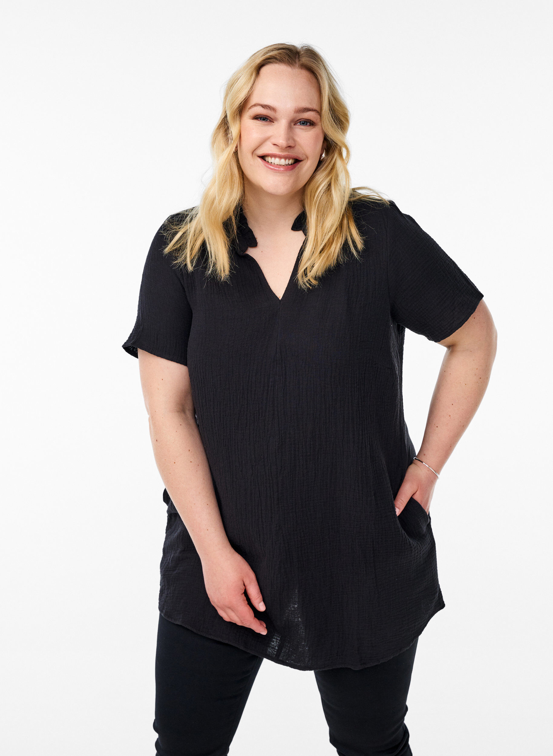 ZizziKatoenen muslin tuniek met korte mouwen, Zwart, Model image number 0