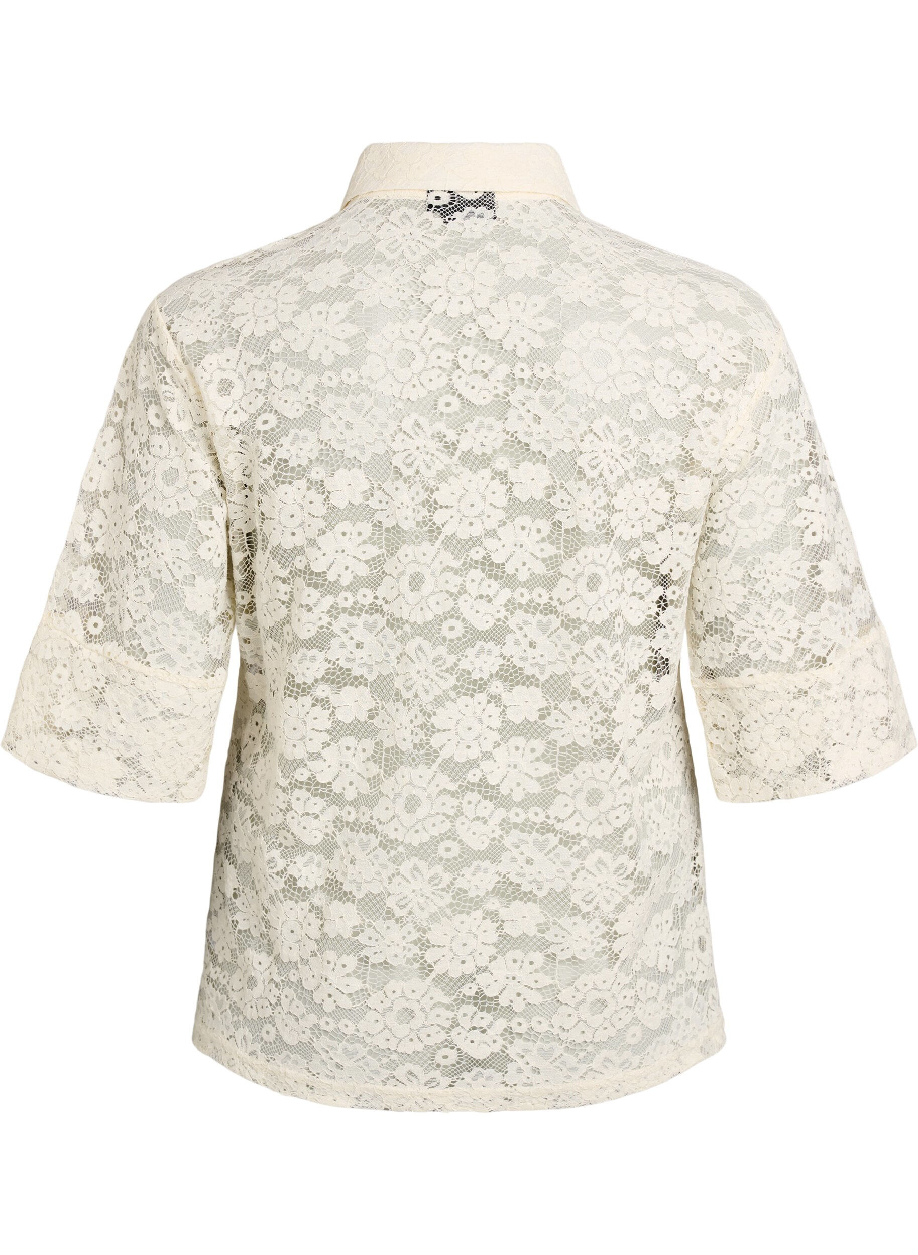 ZizziKanten blouse met kraag en 1/2 mouwen, Vanille, Packshot image number 1