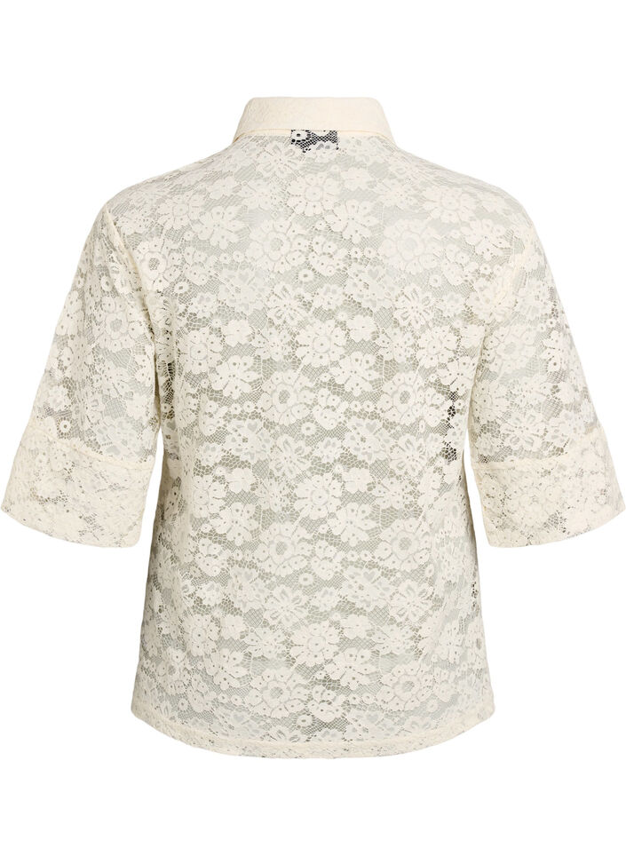 Kanten blouse met kraag en 1/2 mouwen, Vanille, Packshot image number 1