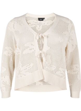 ZizziGebreide cardigan met opengewerkt patroon en strikkoordjes, Birch, Packshot image number 0