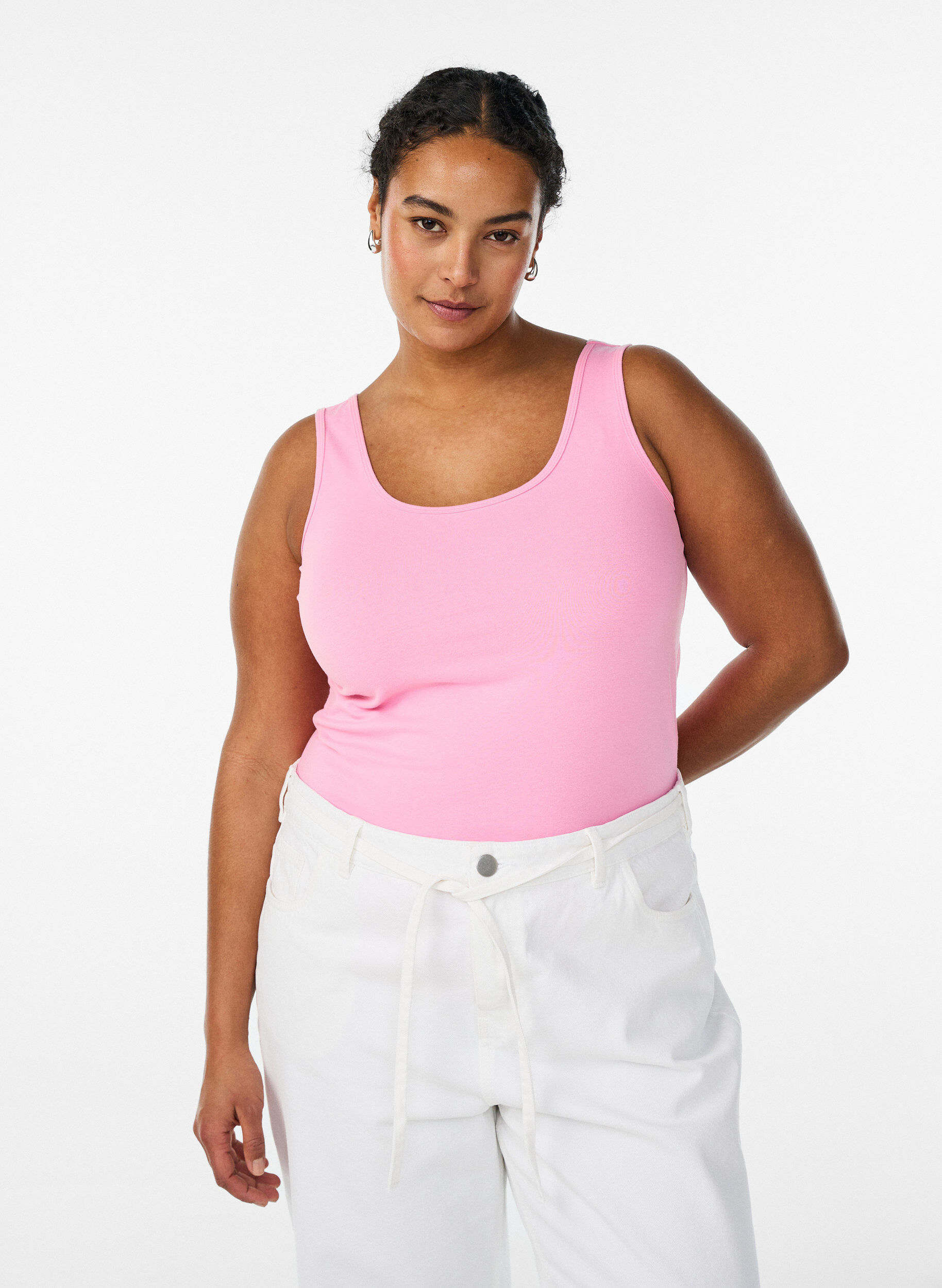 Effen basic top in katoen, Roze, Model