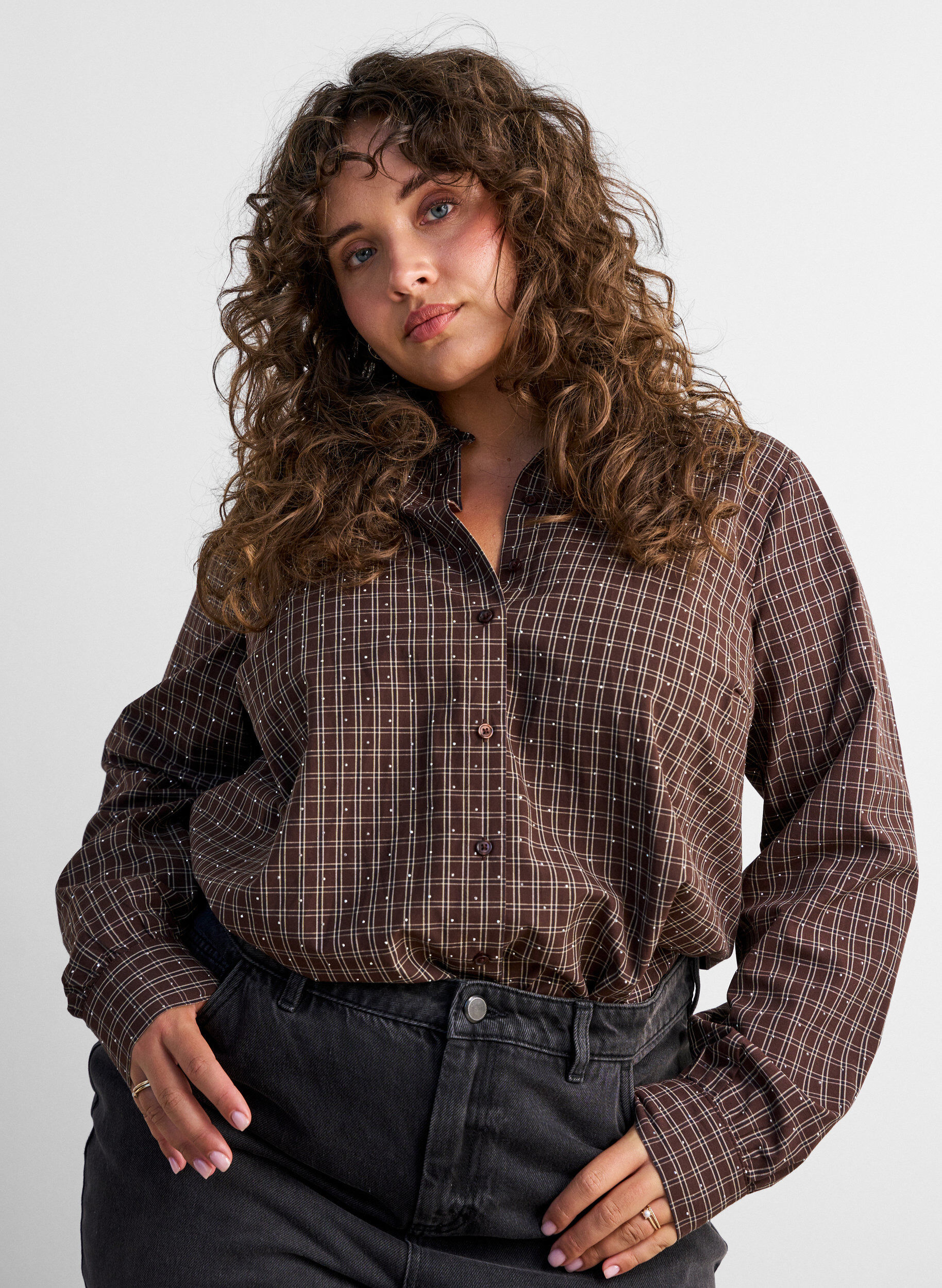 Geruit overhemd met strasssteentjes, Bruin, Model