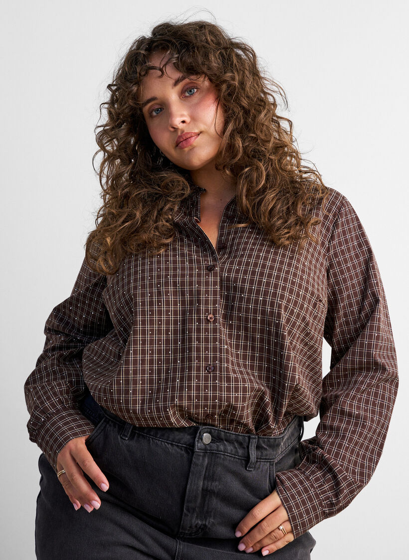 Geruit overhemd met strasssteentjes, Bruin, Model image number 0