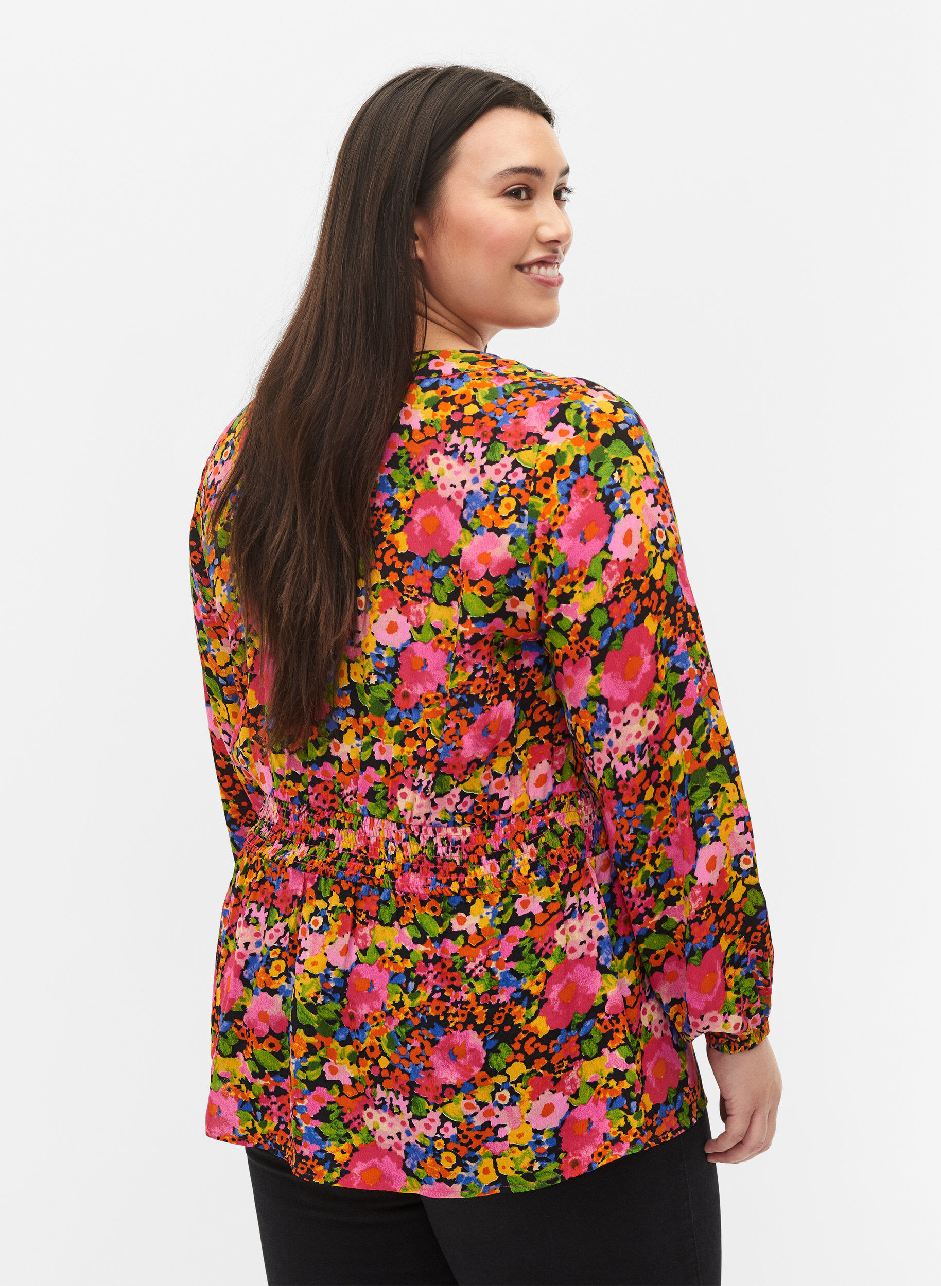 ZizziViscose blouse met bloemenprint en smok, Neon Flower Print, Model image number 1