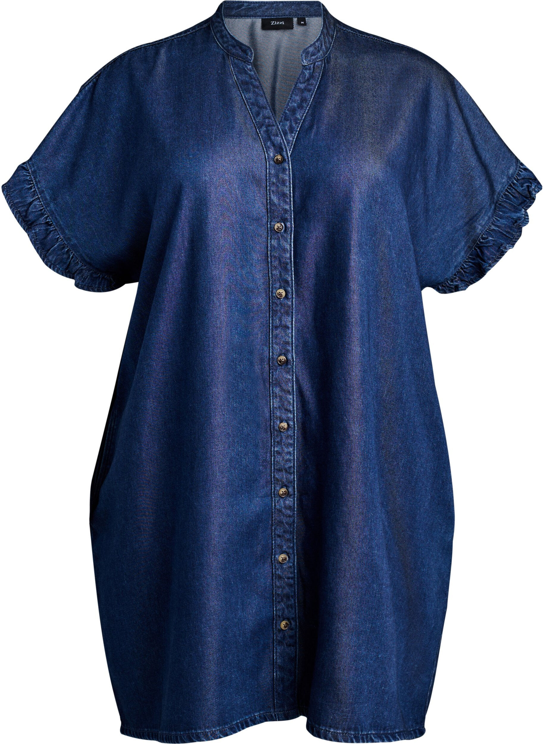 Denimlook jurk met knoopsluiting en ruches mouwtjes