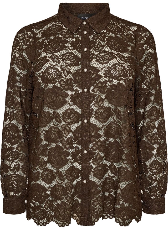 Kanten shirt met parelknopen, Bruin, Packshot image number 0