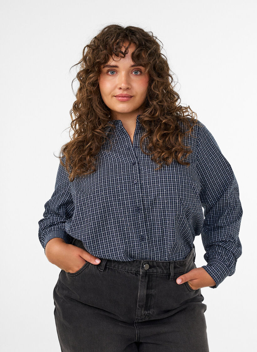 Geruit overhemd met strasssteentjes, Blauw, Model image number 0