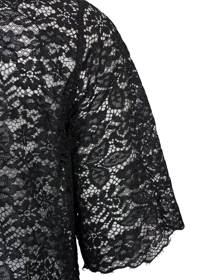 Kanten blouse met korte mouwen en ronde hals, Black, Packshot
