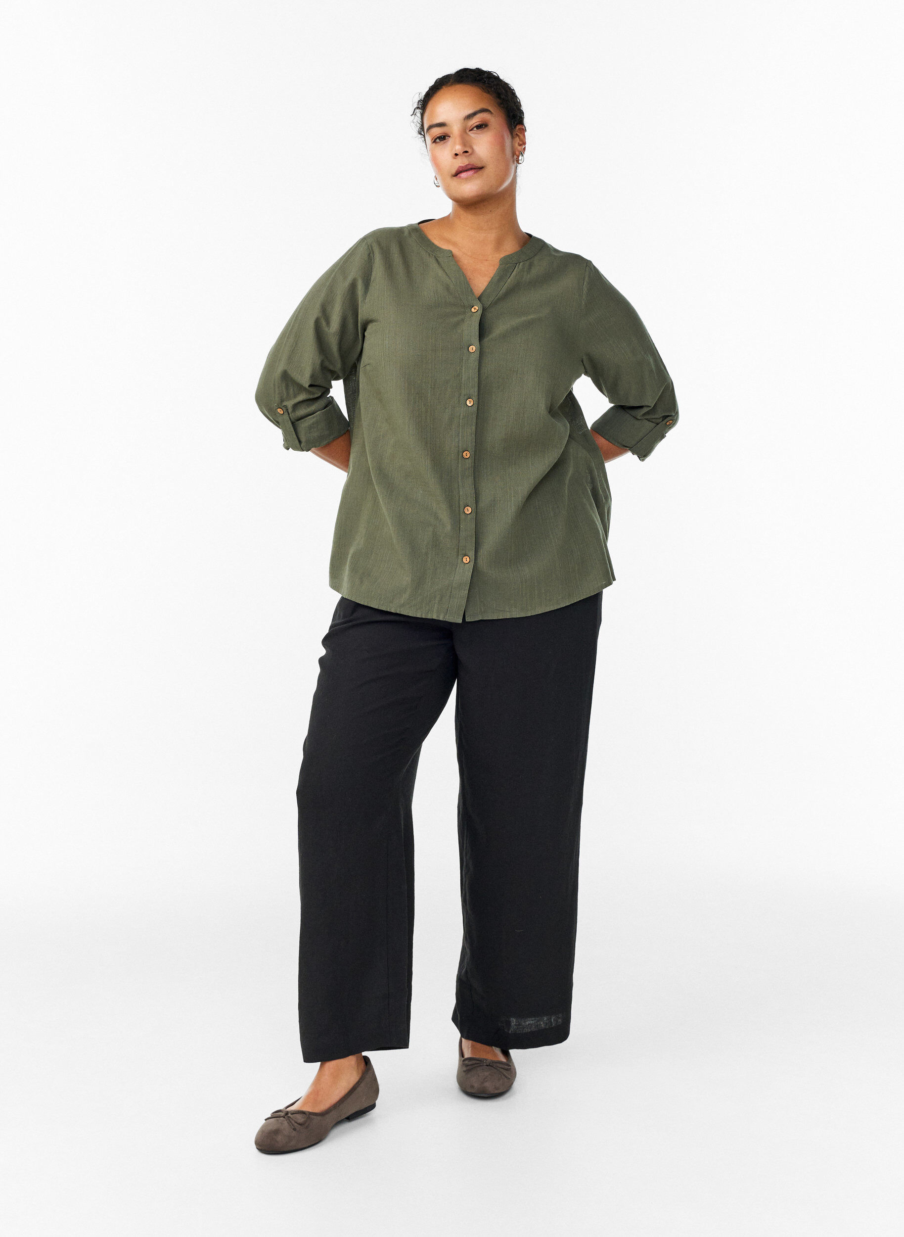 ZizziKatoenen blouse met V-hals, Groen, Model image number 1