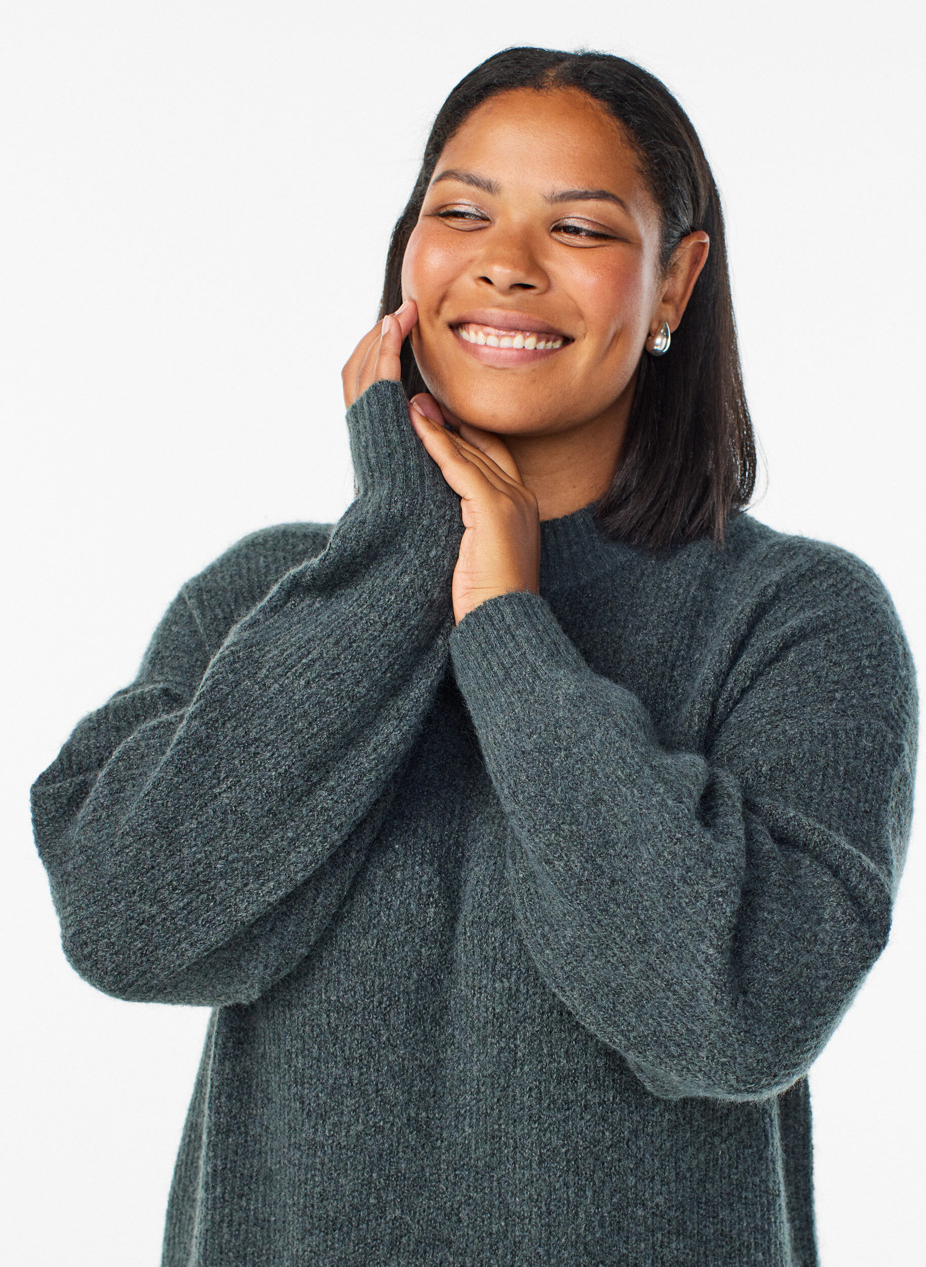 ZizziLange gebreide jurk met hoge hals, Groen, Model image number 2