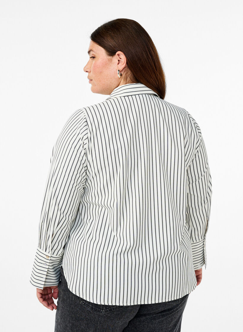 Gestreept shirt met wijde manchetten, White/Black Stripe, Model