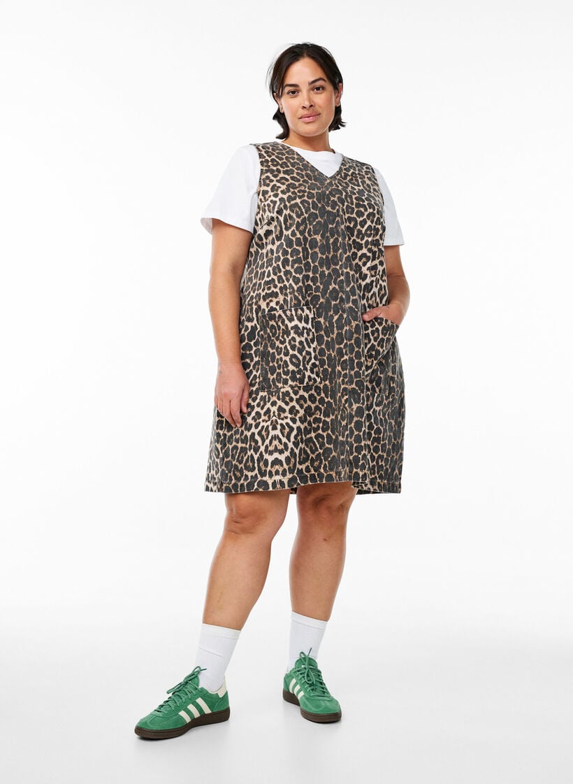 Pinafore jurk met zakken en luipaardprint, Bruin, Model image number 1