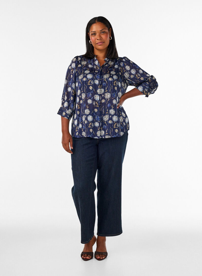 Blouse met patroon, opstaande kraag en 3/4-mouwen, Blauw, Model image number 1