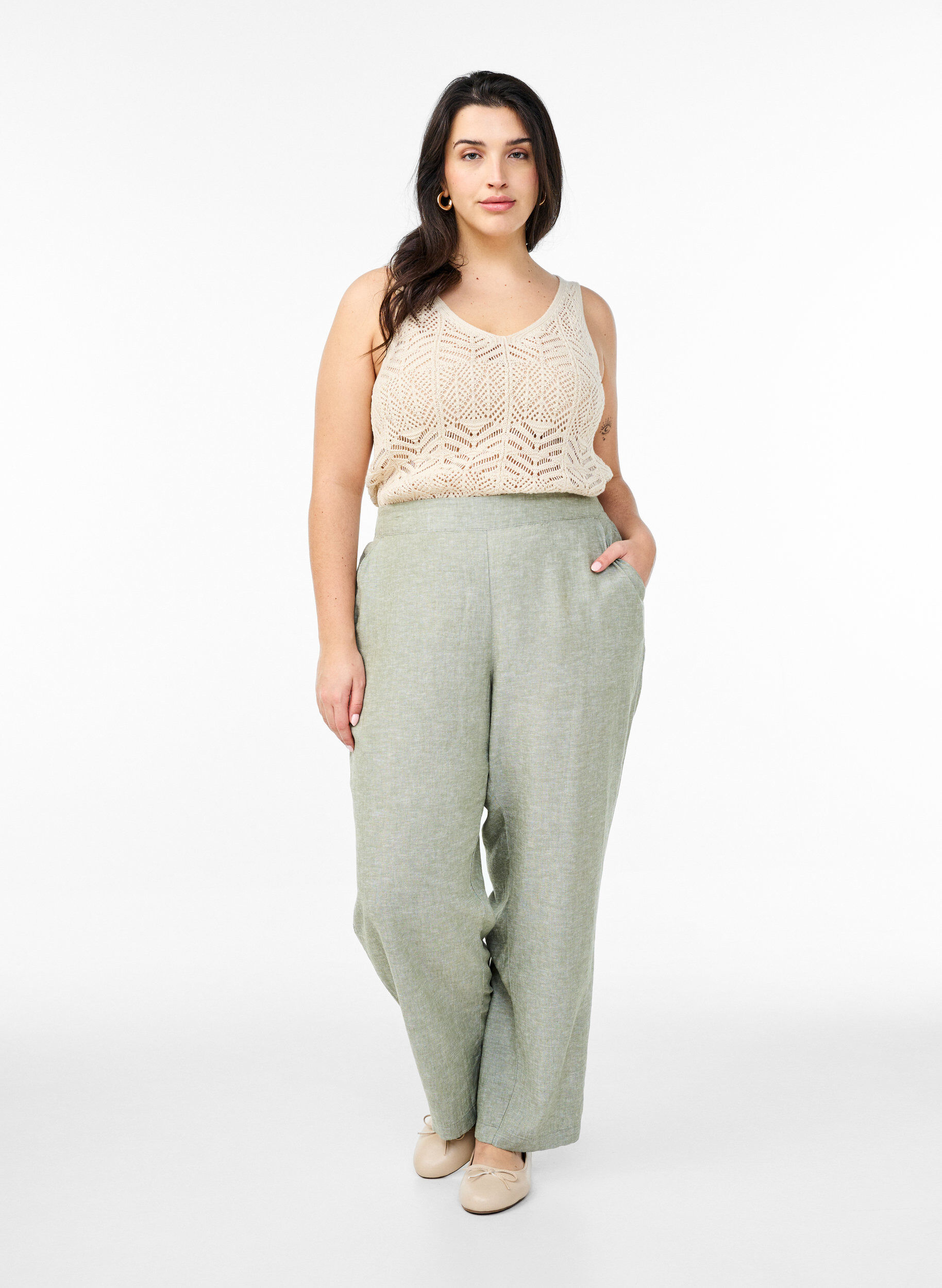ZizziLinnen en viscose broek met losse pasvorm, Groen, Model image number 1