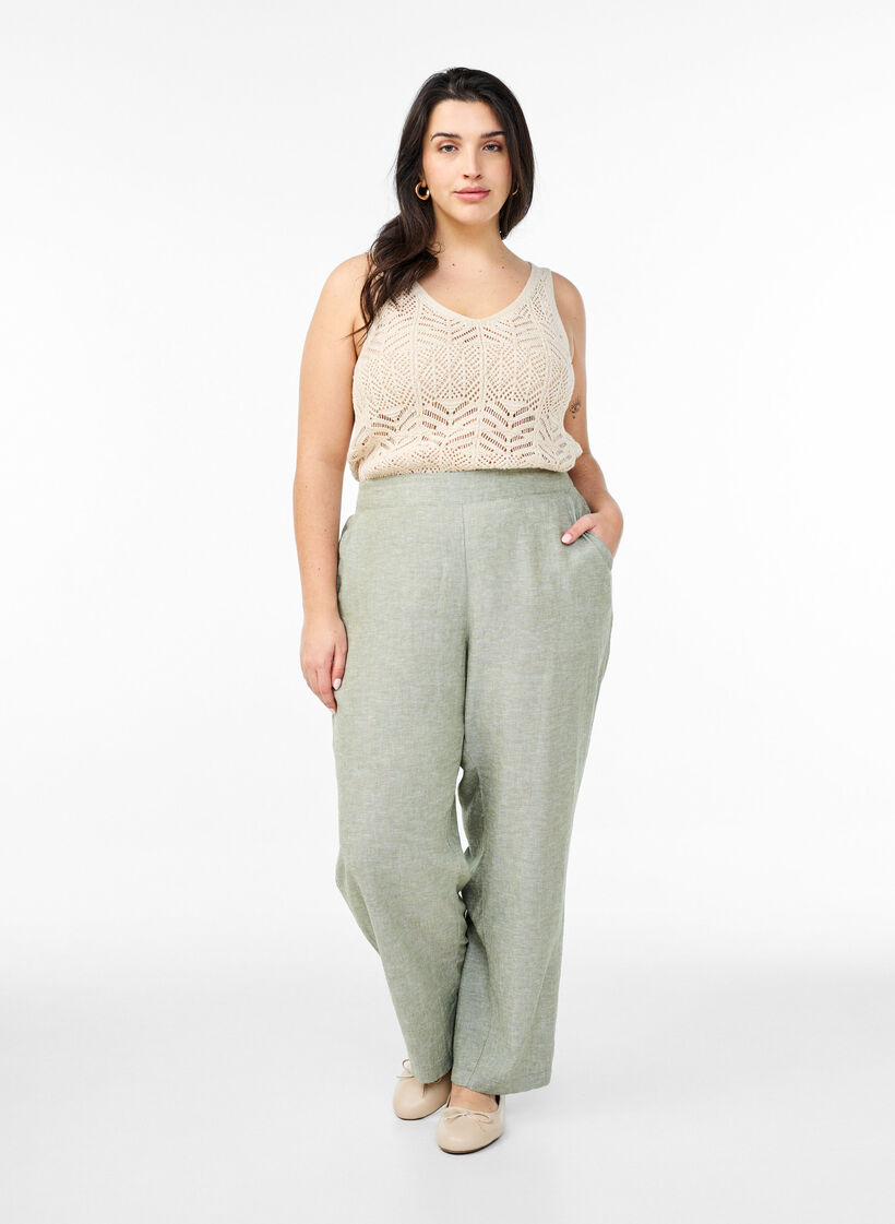Linnen en viscose broek met losse pasvorm, Groen, Model image number 1