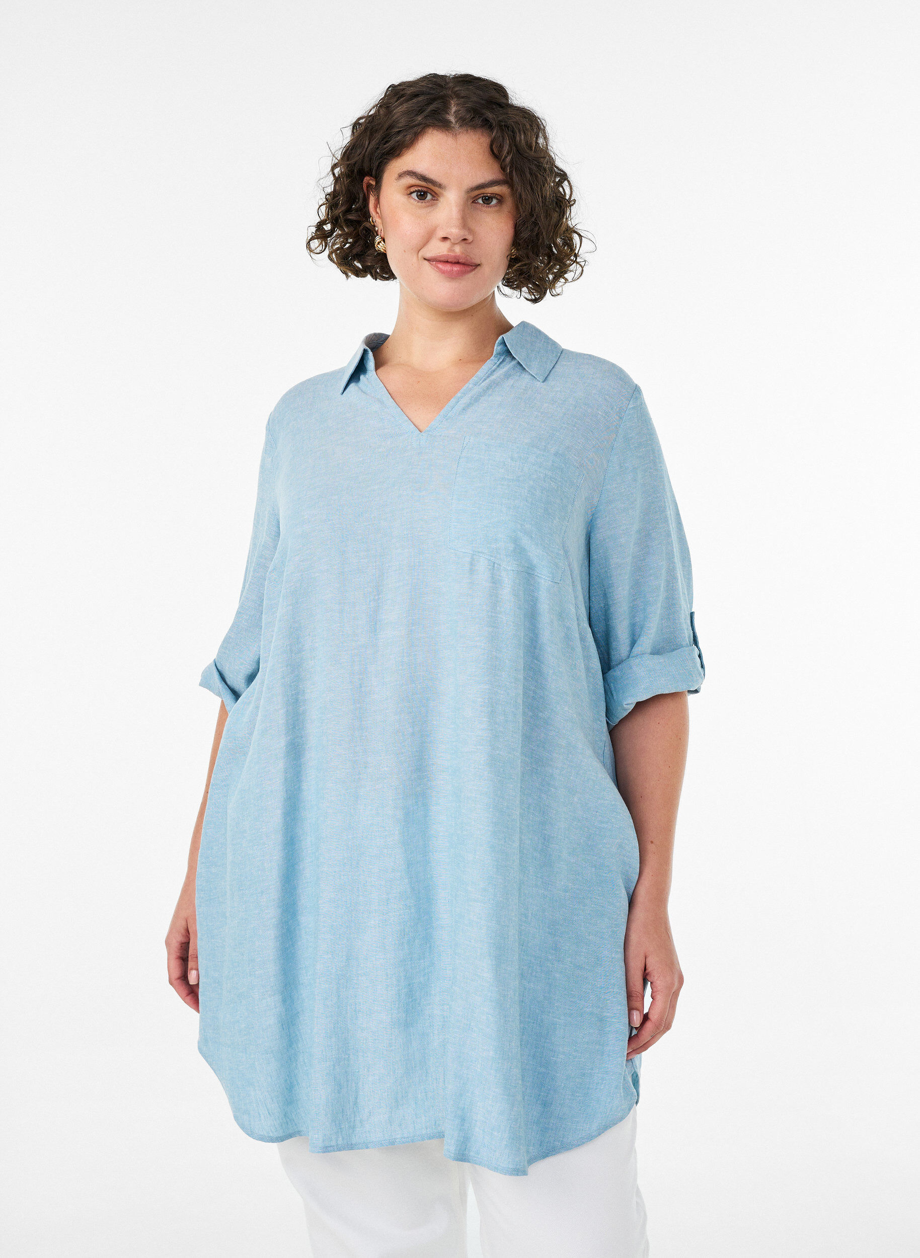 Tuniek van linnen en viscose met A-vorm, Blauw, Model