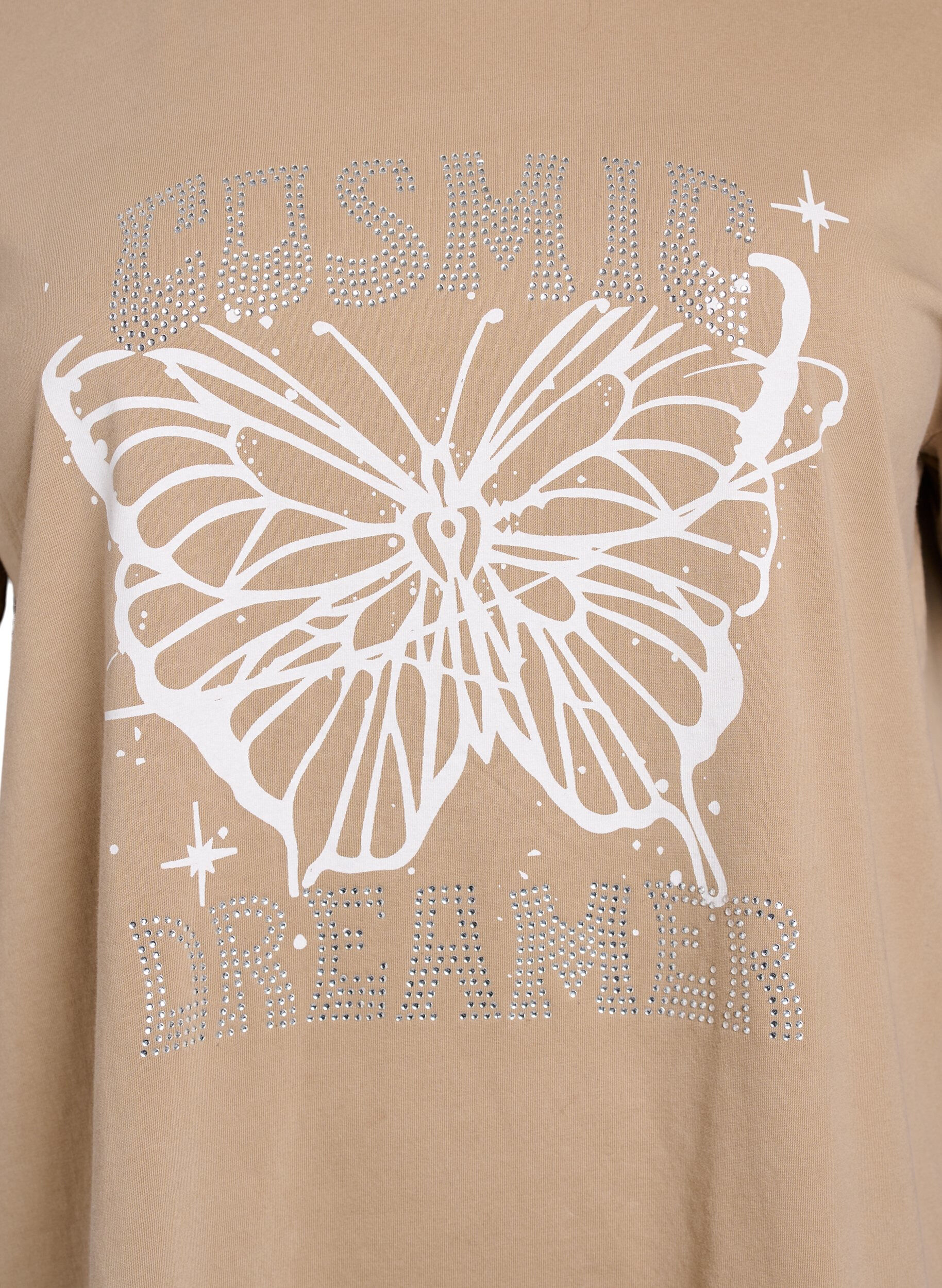ZizziBiologisch katoenen T-shirt met strass en vlinder motief, Bruin, Packshot image number 2