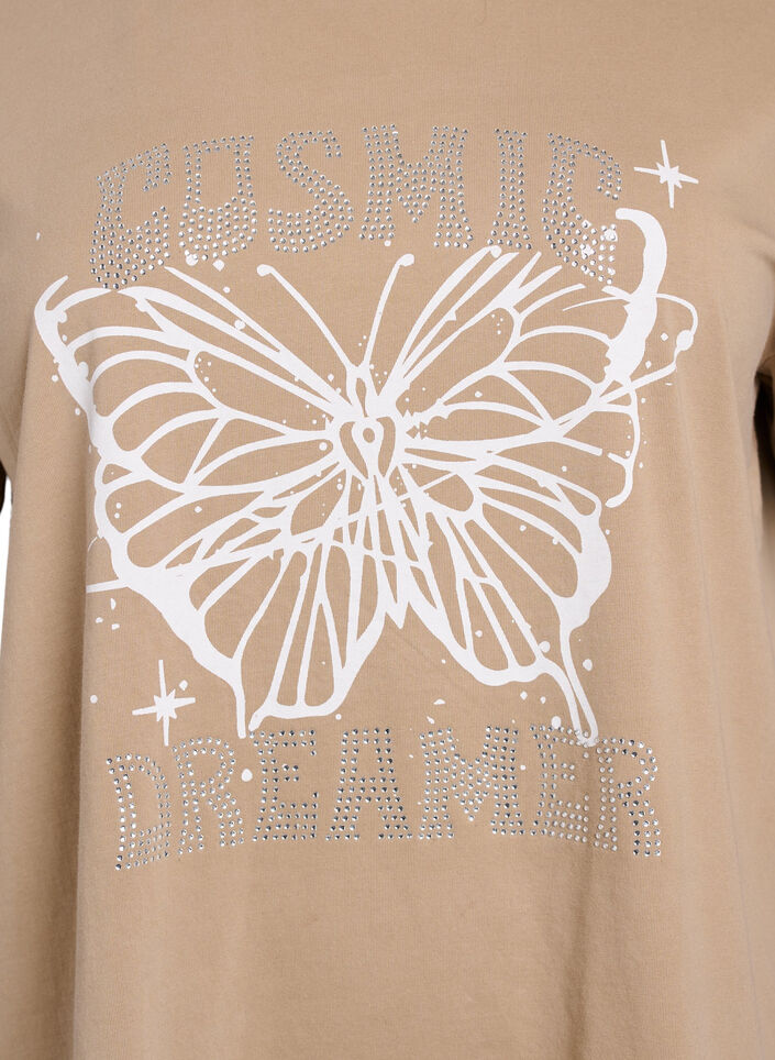 Biologisch katoenen T-shirt met strass en vlinder motief, Bruin, Packshot image number 2