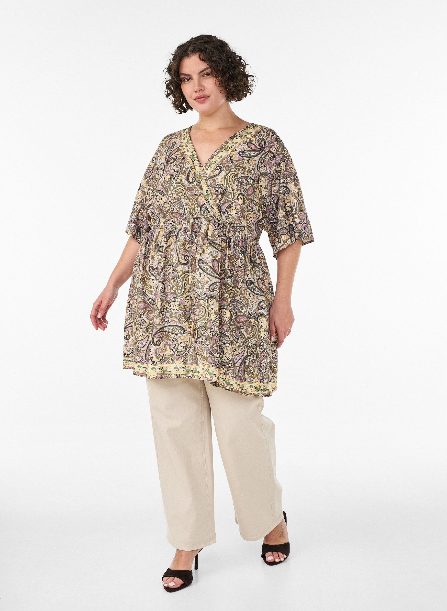ZizziViscose tuniek met paisleyprint en aantrekkoord, Geel, Model image number 1