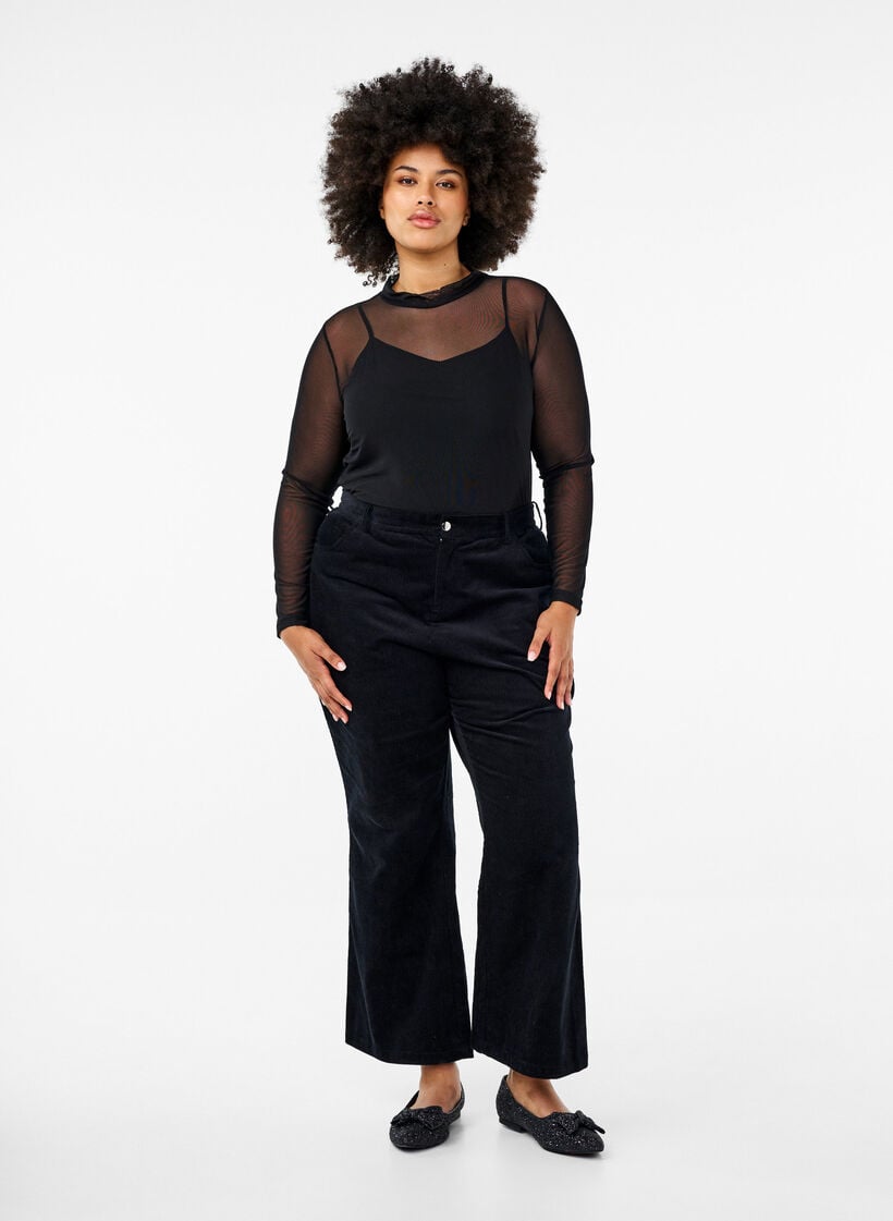 Getailleerde blouse van mesh met lange mouwen, Zwart, Model image number 1