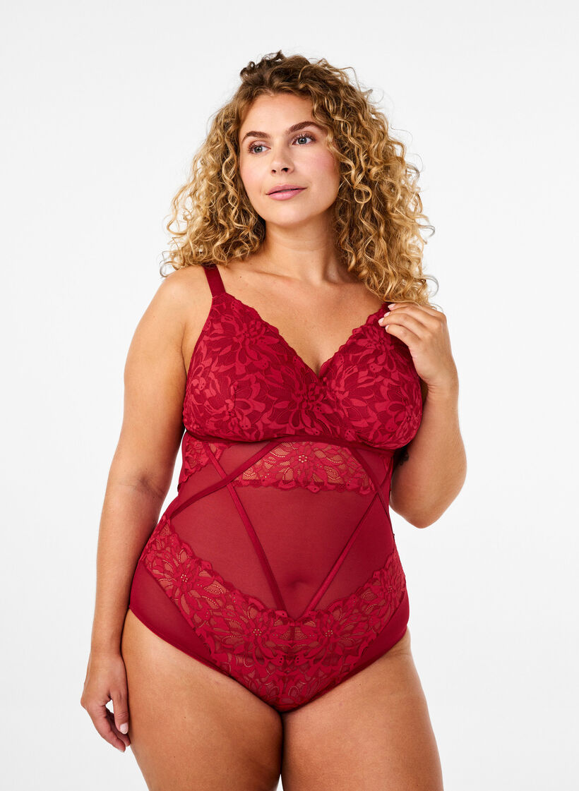 Kanten bodystocking met mesh, Rhythmic Red, Model