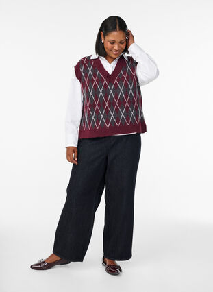 ZizziGebreid vest met een V-hals en argyle patroon, Winetasting Melange, Model image number 1