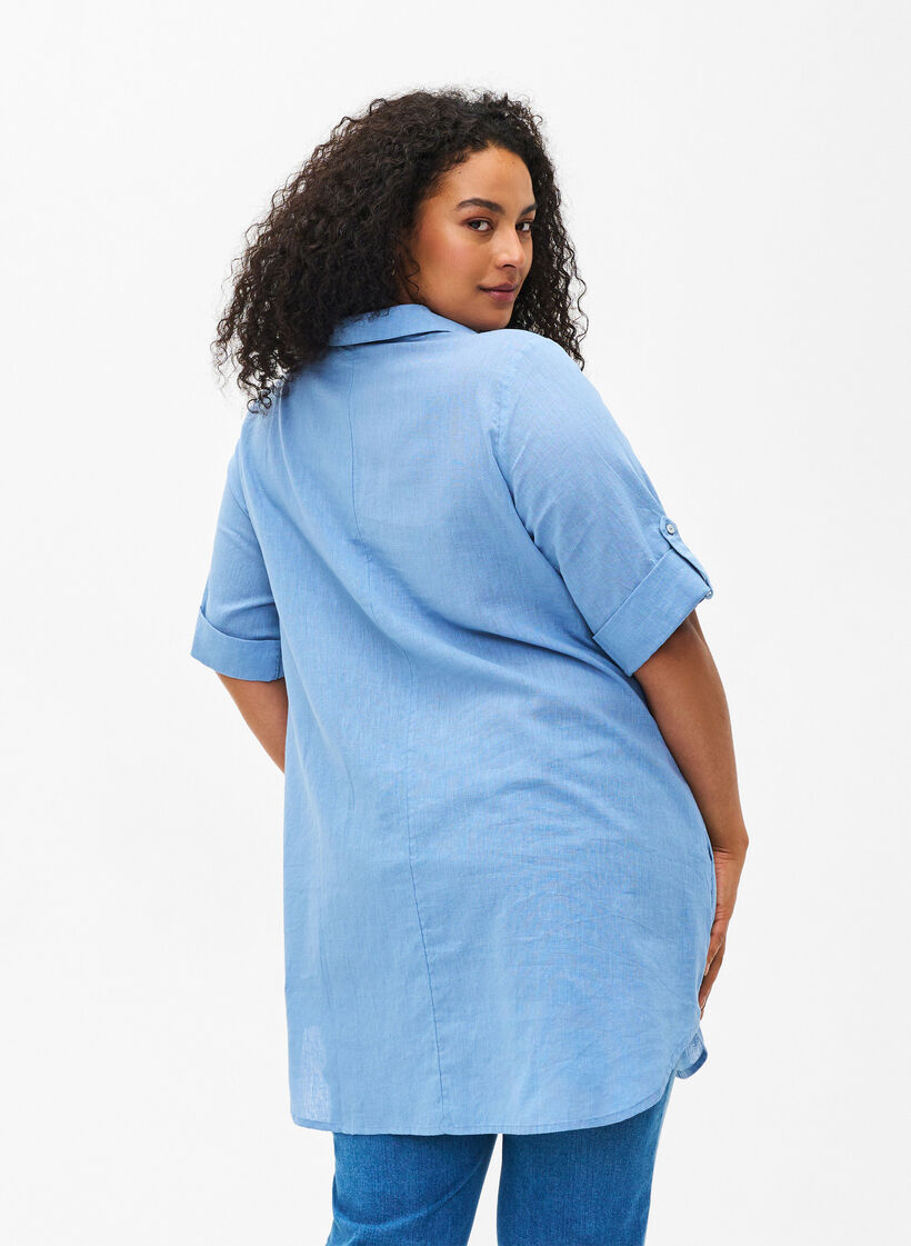 Tuniek van katoenmix met korte mouwen en linnen, Faded Denim, Model image number 1