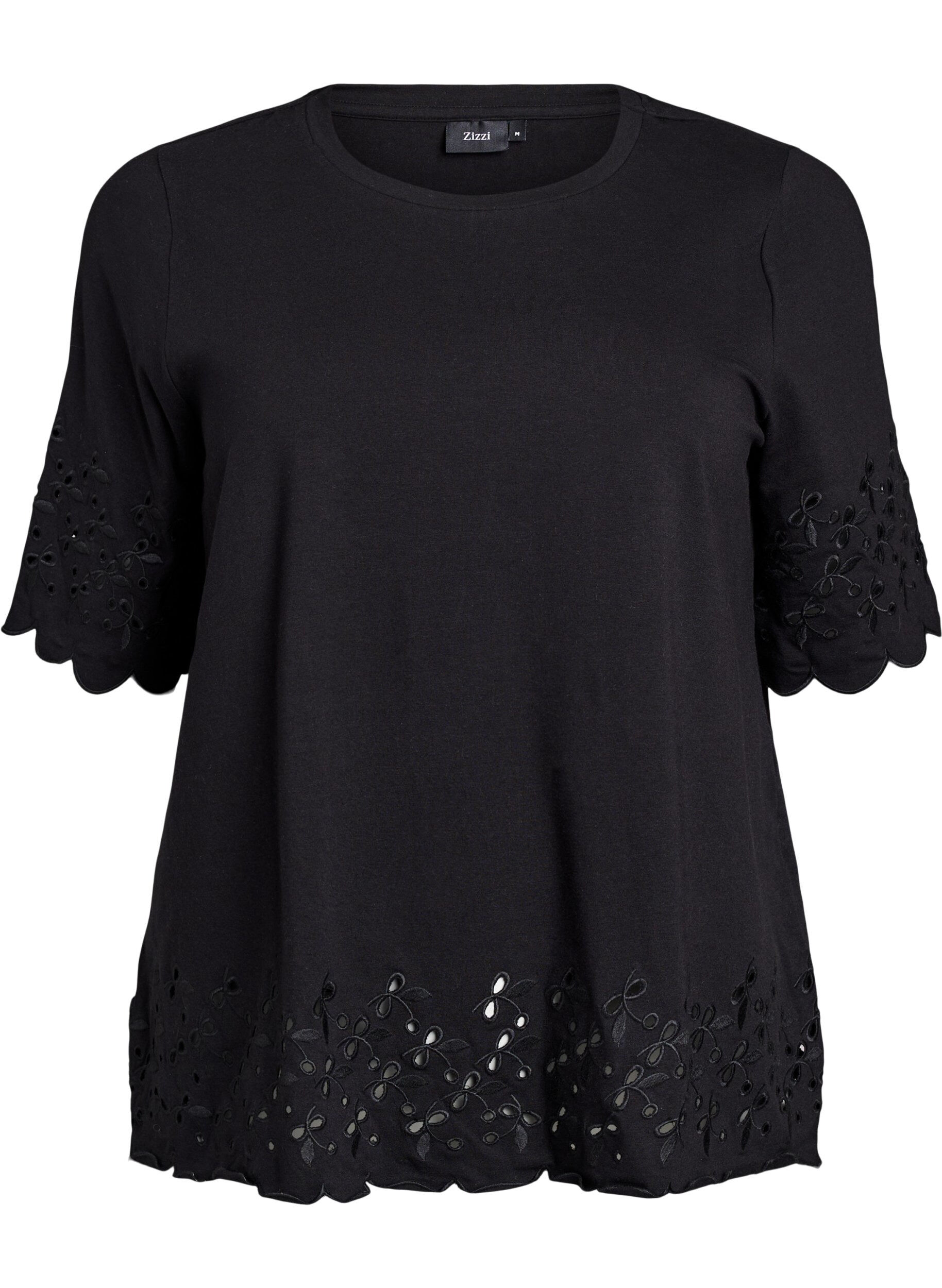 T-shirt met broderie anglaise en geschulpte randen