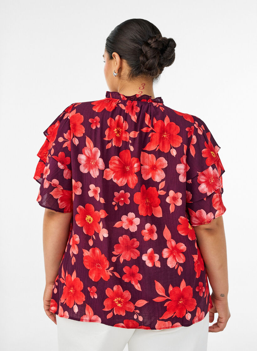 Floral viscose blouse met ruches mouwen, Paars, Model image number 2