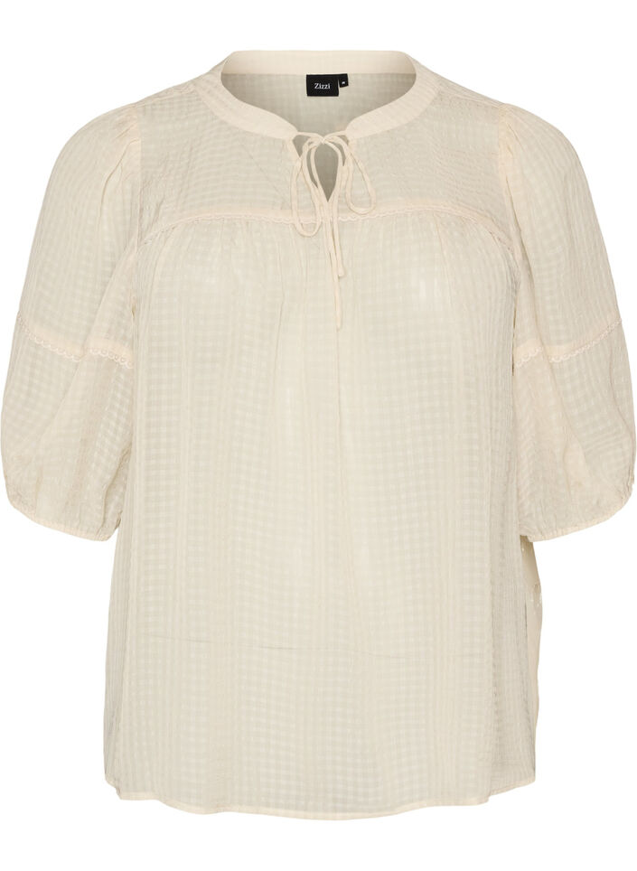 Blouse in seersucker met strikkoord, Beige, Packshot image number 0