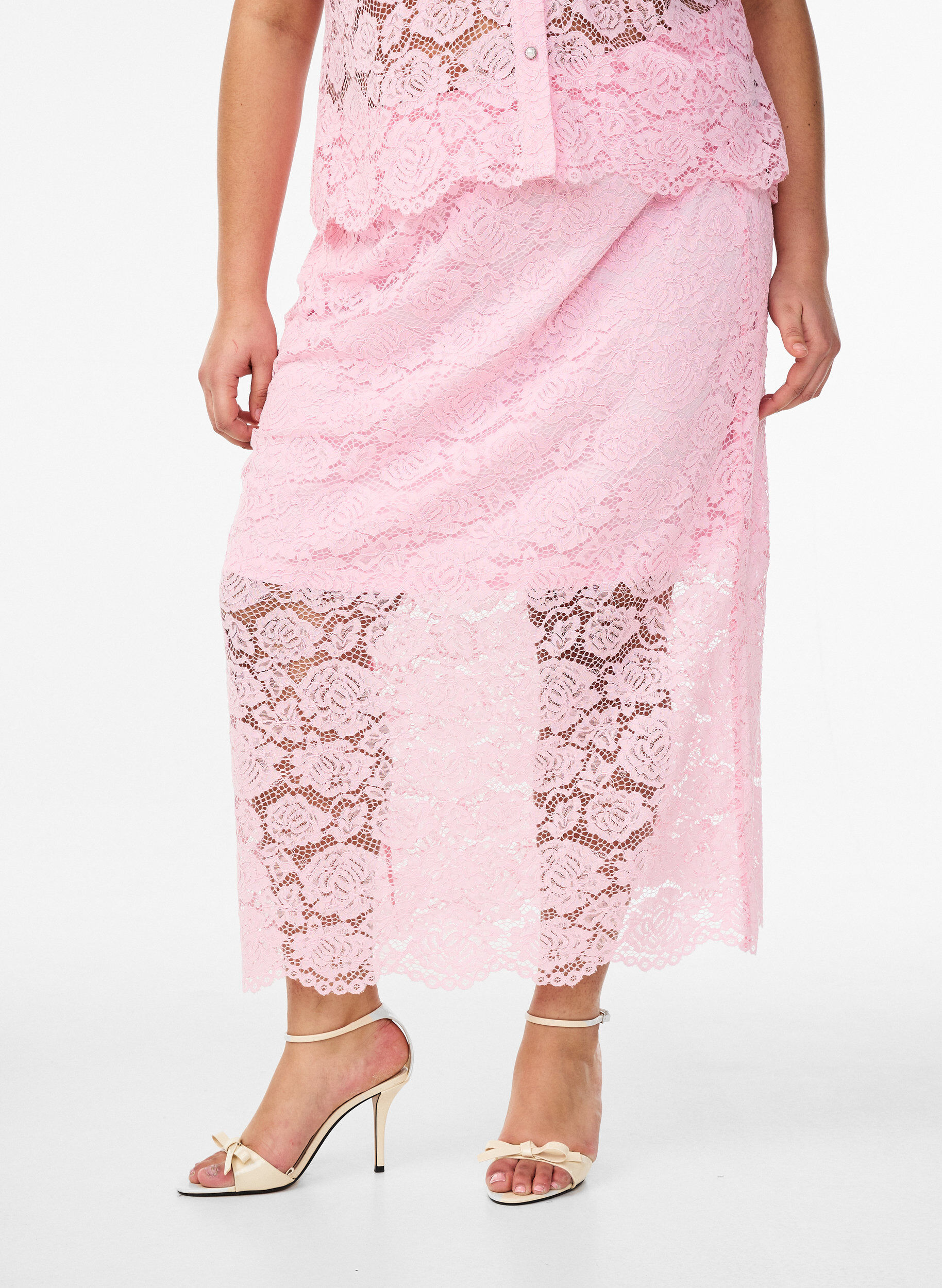 ZizziKanten midirok met een elastische tailleband, Roze, Model image number 2