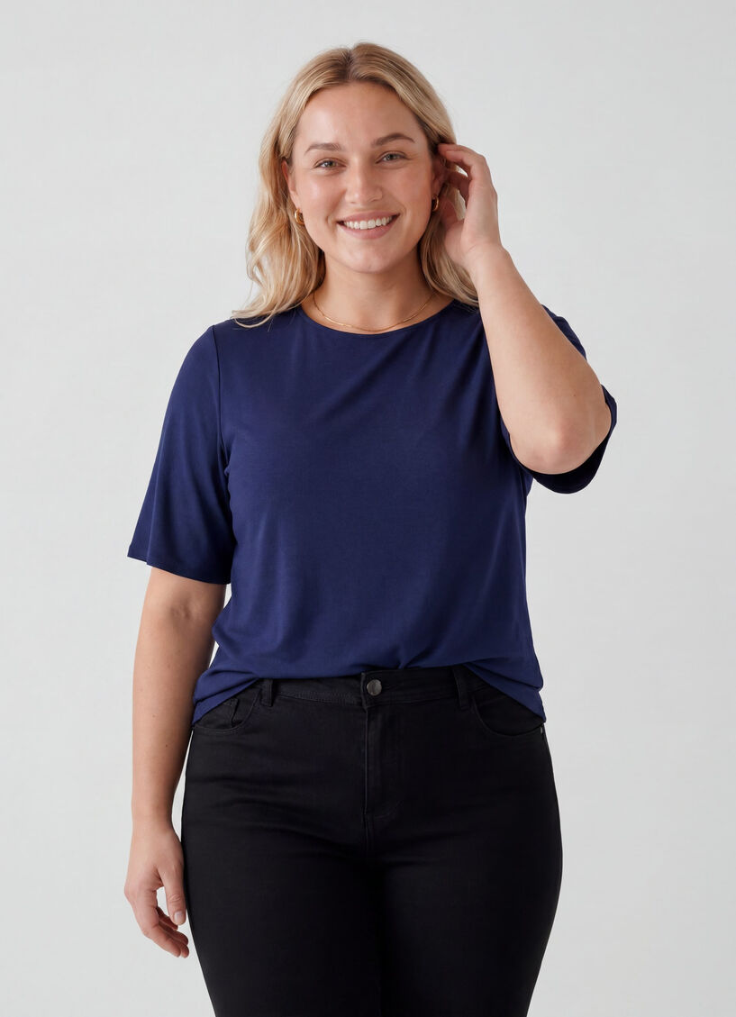 Geweven blouse met korte mouwen en ronde hals, Blauw, Model image number 0