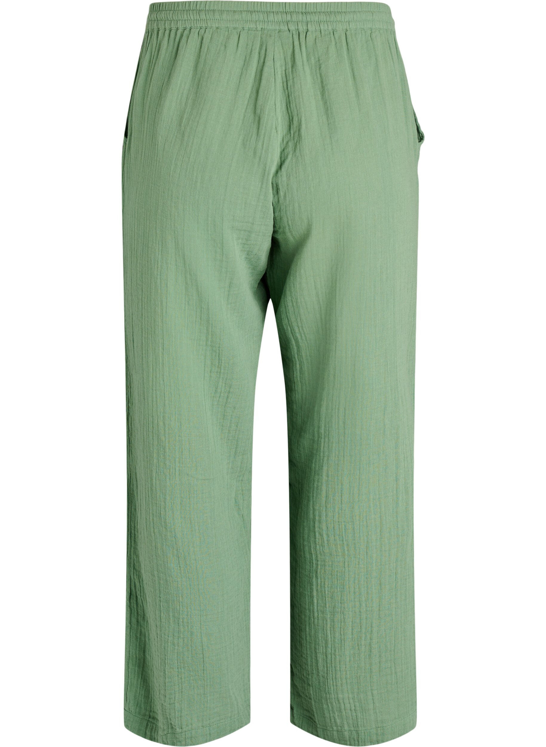 ZizziHigh-waist katoenen mousseline broek met losse pijpen, Groen, Packshot image number 1
