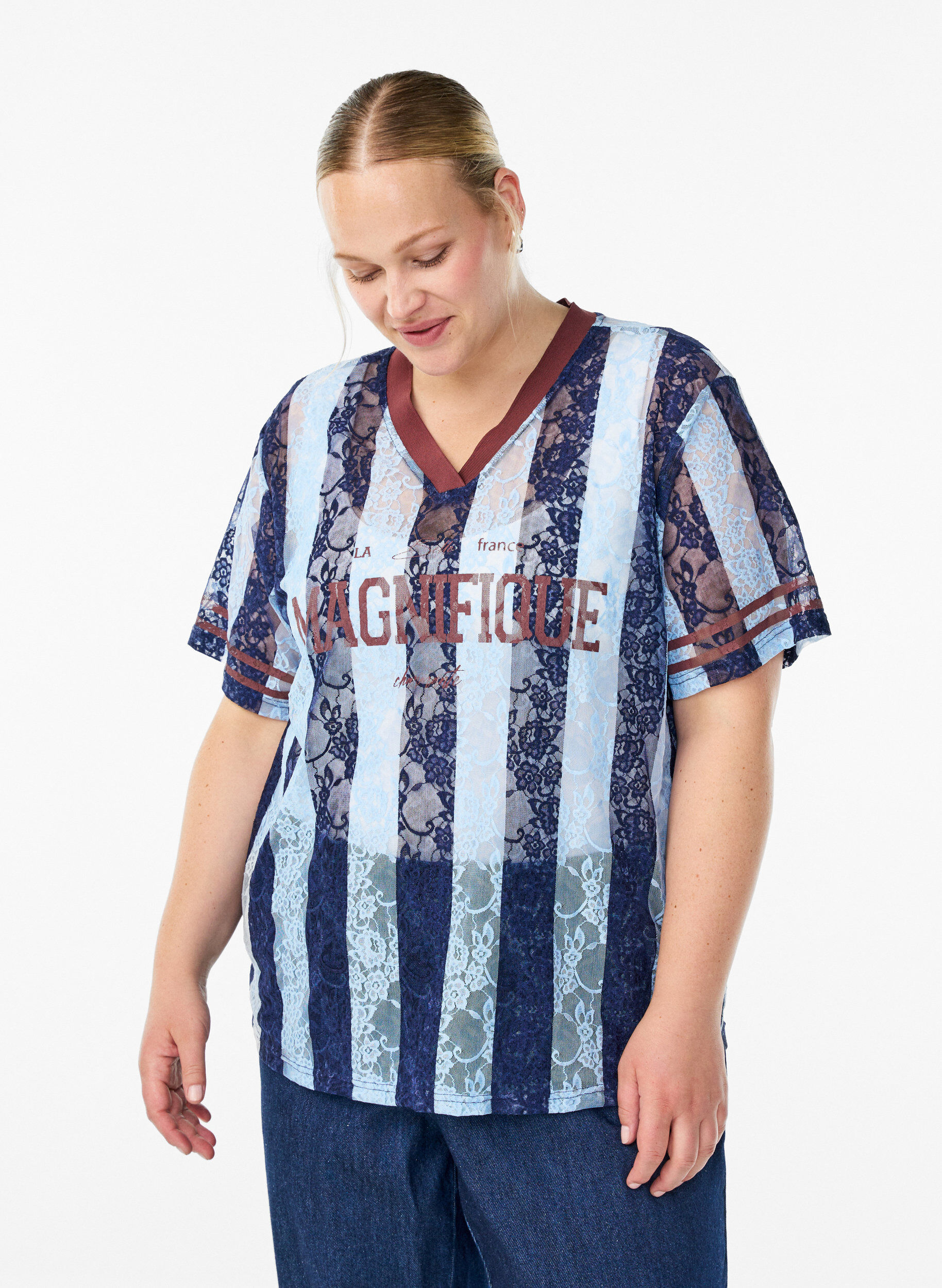 Gestreepte kanten blouse met opvallende print, Blauw, Model
