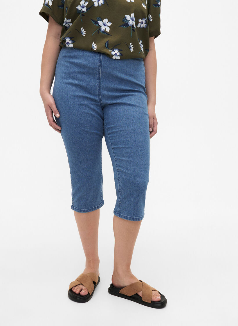 FLASH - denim capri broek met hoge taille en slanke pasvorm, Blauw, Model image number 3