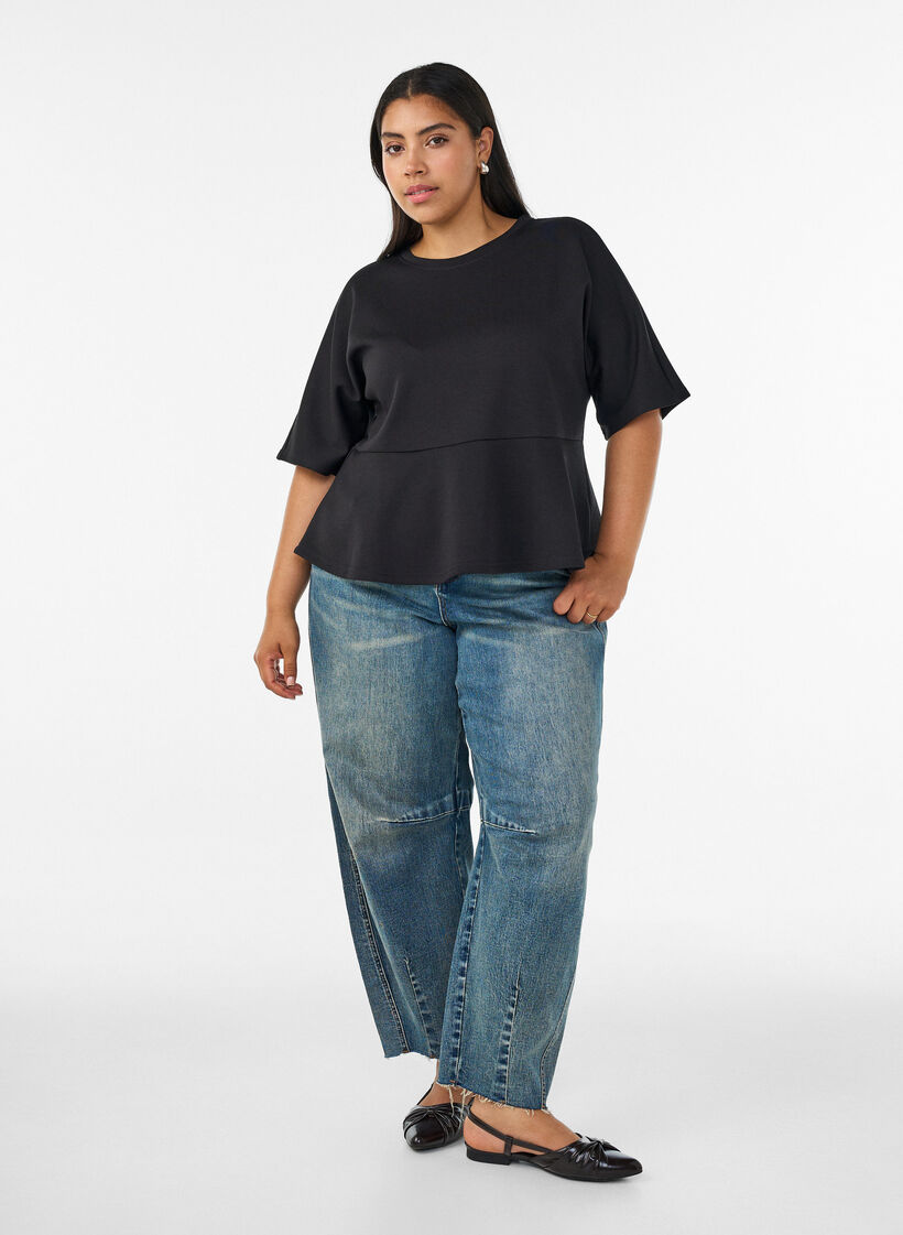 Peplum blouse met ellebooglange mouwen, Zwart, Model image number 1