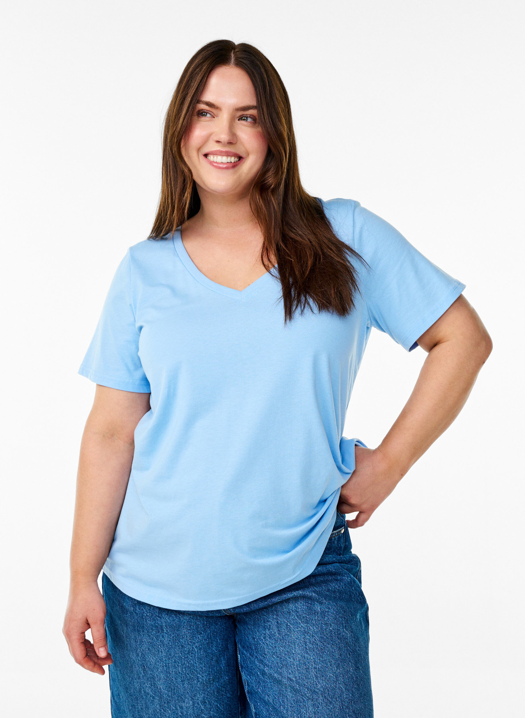 T-shirt met korte mouwen en v-hals, Blauw, Model