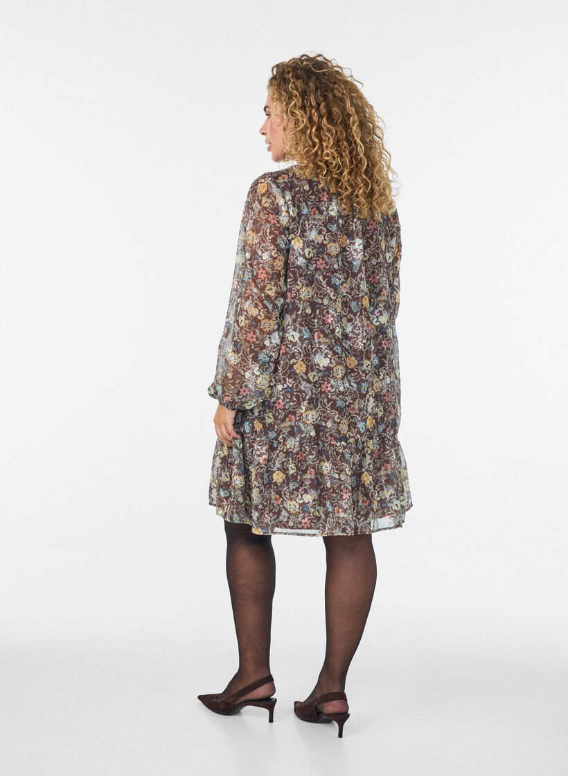 Chiffon jurk met bloemenprint en rucheslagen, Bruin, Model image number 2
