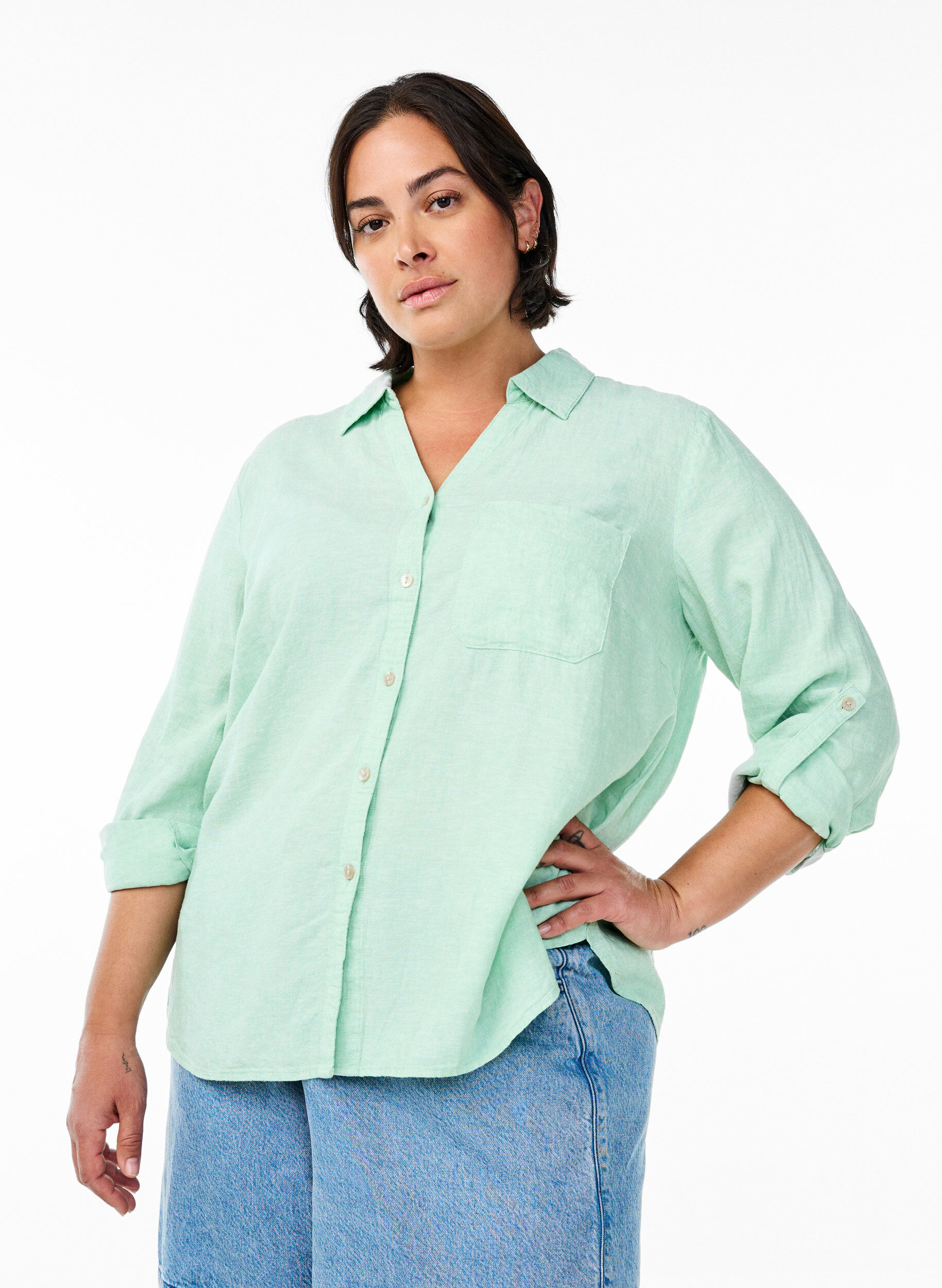 ZizziLinnen en viscose shirt met 3/4 mouwen, Groen, Model image number 0