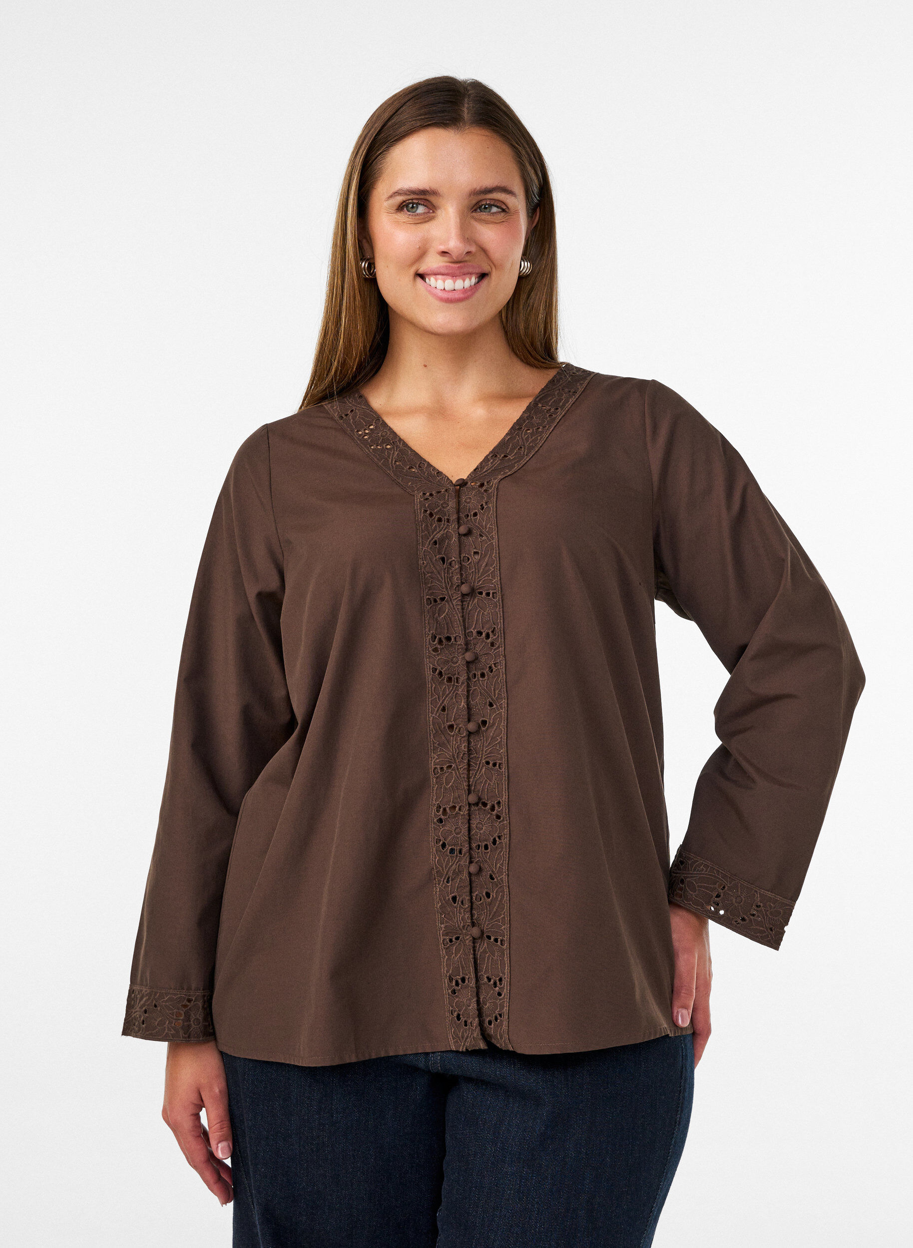 Blouse met broderie anglaise, Bruin, Model