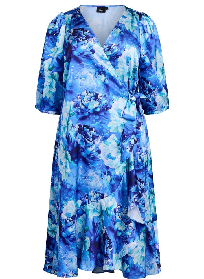 Omslagjurk met bloemenprint met 3/4 mouwen, Blue Splash Flower, Packshot