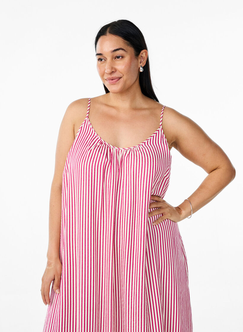Zomerjurk met strepen en A-lijn pasvorm, Raspberry w. Stripe, Model