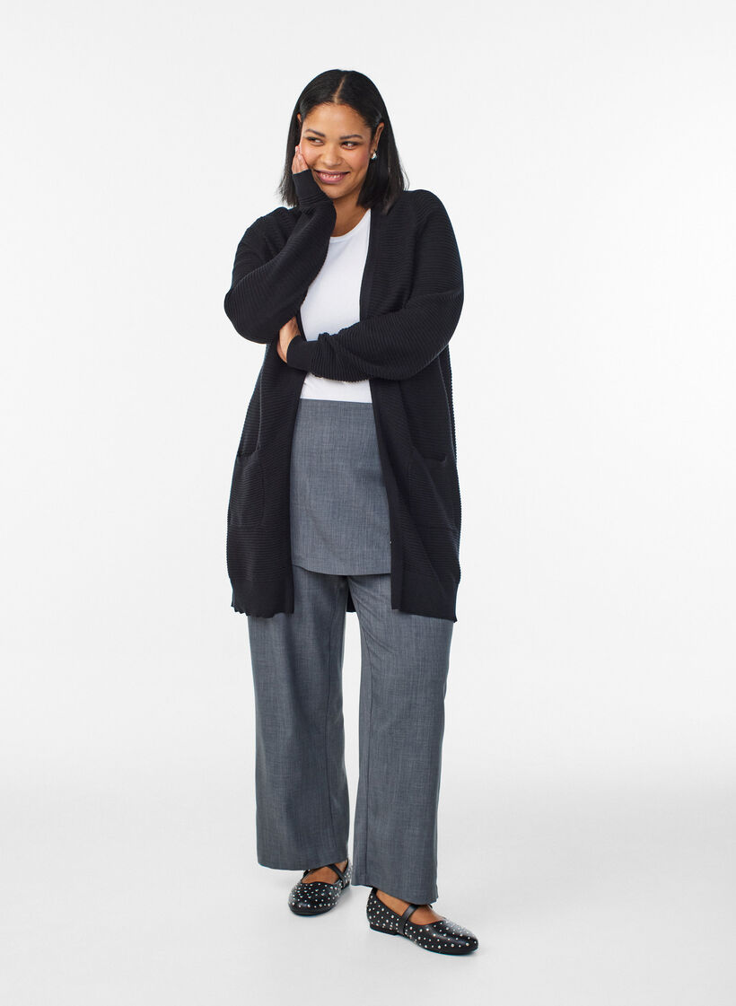 Lang, ribgebreid katoenen vest, Zwart, Model image number 1