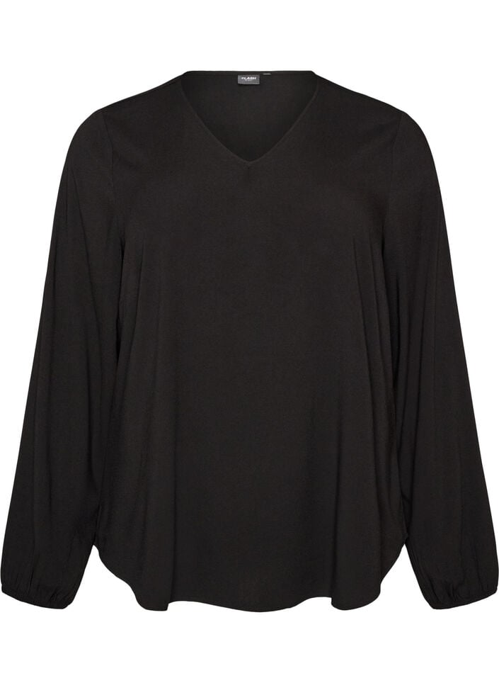 Viscose blouse met V-hals en lange mouwen, Zwart, Packshot image number 0