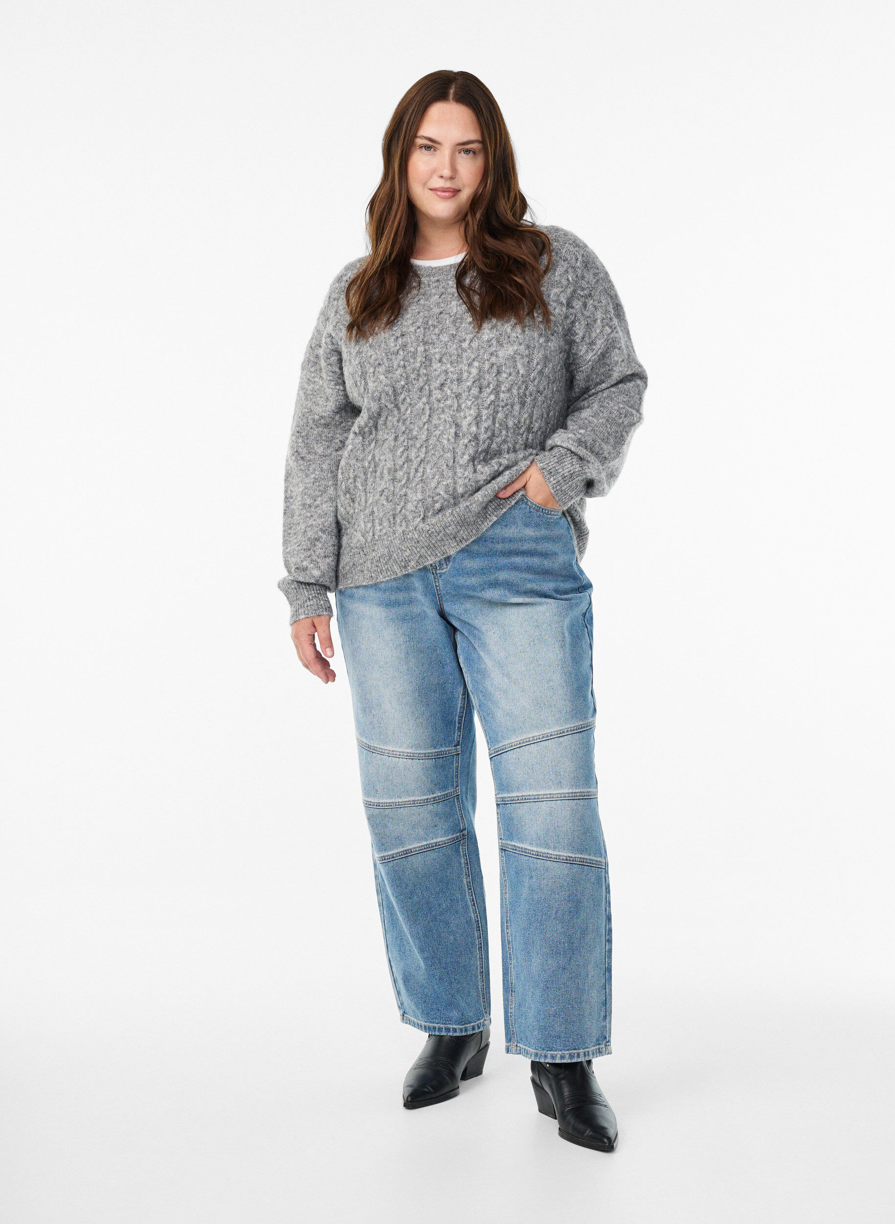 ZizziGebreide blouse met kabelbreisel patroon, Grijs, Model image number 1