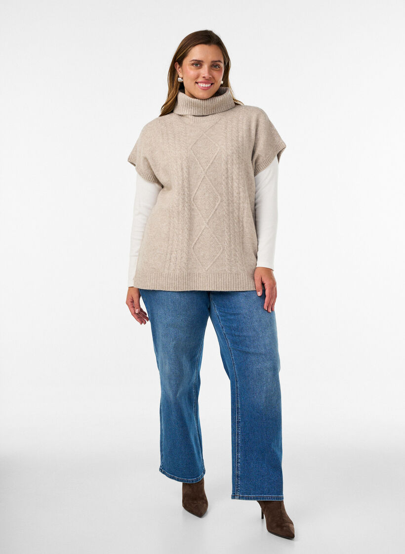 Gebreid vest met col en kabelpatroon, Beige, Model image number 1