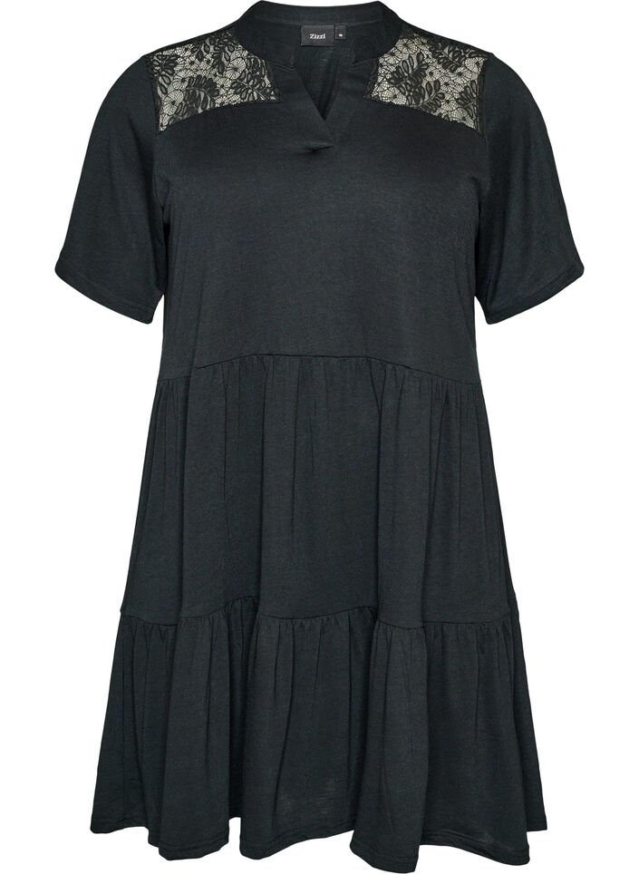 Jerseyjurk met kanten details en een gelaagde rok, Zwart, Packshot image number 0
