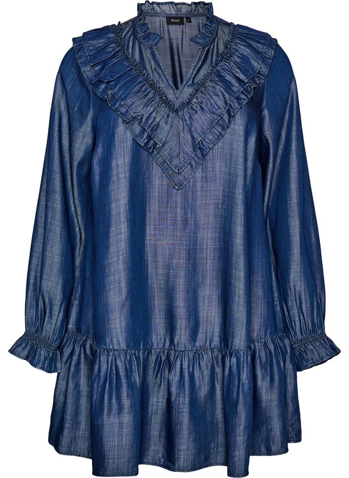 Korte jurk in denimlook met ruches, Blauw, Packshot image number 0