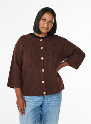 ZizziKorte cardigan met 3/4-mouwen en gouden textuur knopen, Brown Stone Mel., Model image number 0